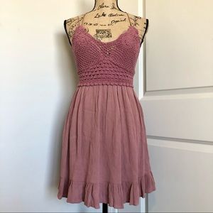 Mauve Crochet and Breezy Cotton Boho Mini Dress